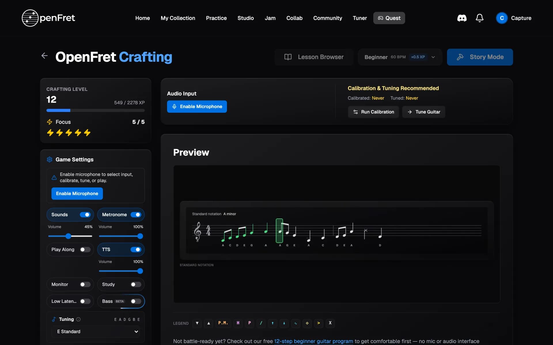 Crafting mode, where precision exercises drop guitar parts