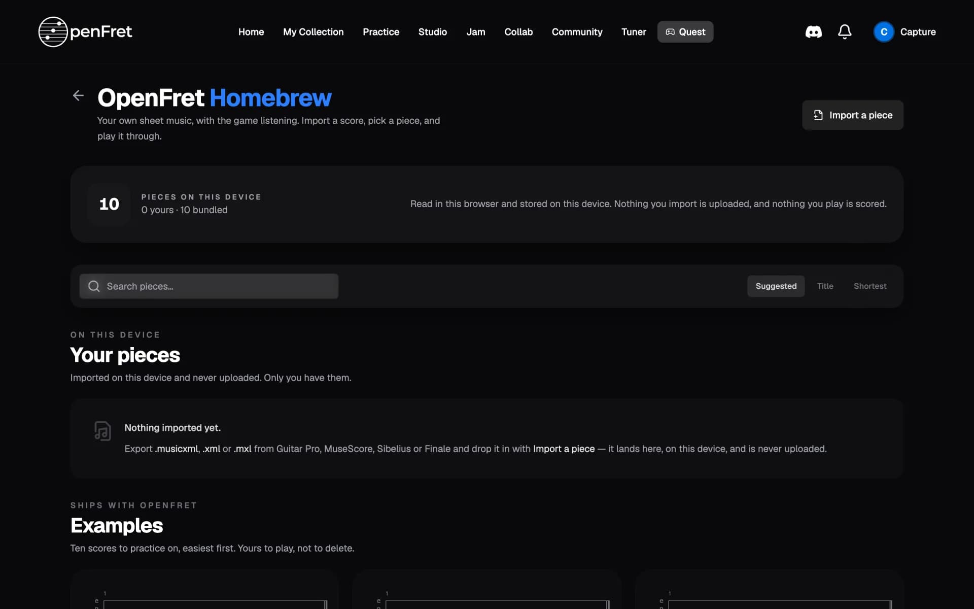 Homebrew, listing imported and bundled sheet music
