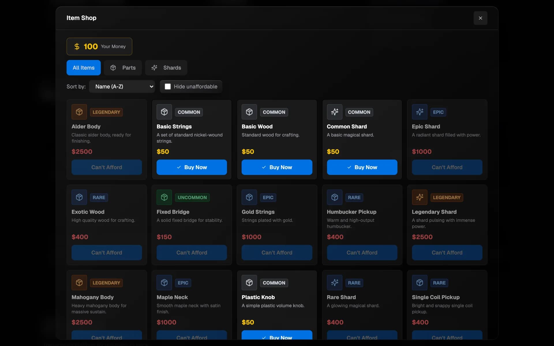 The Item Shop, selling crafting parts and magical shards